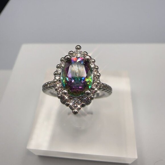 Rainbow Zircon Teardrop Halo Ring With Silvertone Band - Picture 1 of 7